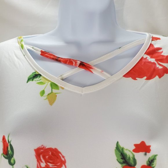 Casual T-Shirt V Neck Cold Shoulder Short Sleeve - Picture 2 of 5